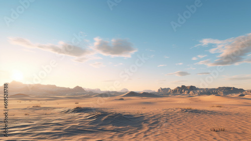 A vast, sandy desert stretches out before you, with dunes and rocky outcroppings as far as the eye can see The sky is a deep, hazy blue, and the sun is setting in the distance