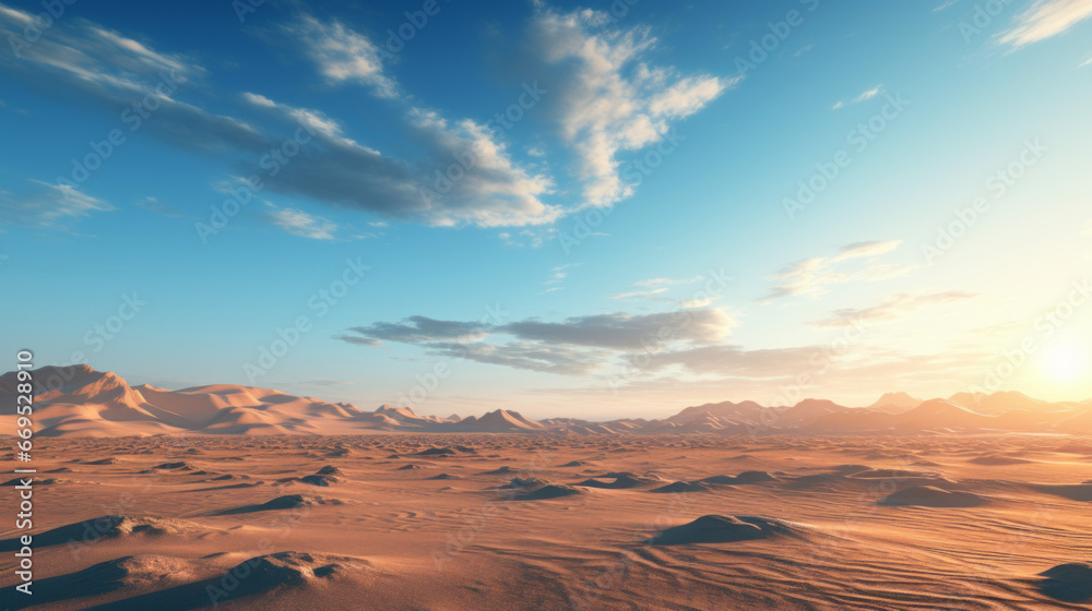 Naklejka premium A vast, sandy desert stretches out before you, with dunes and rocky outcroppings as far as the eye can see The sky is a deep, hazy blue, and the sun is setting in the distance