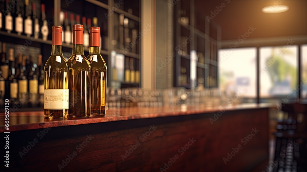 wine bottles lined beside lovely bar with copy space, focus on nearest bottle