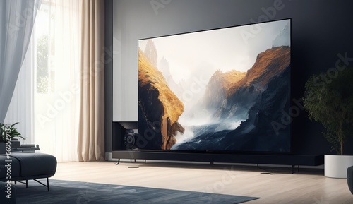 Big Tv In A Living Room. Elegant living room with big tv screen. Generative AI. © dua