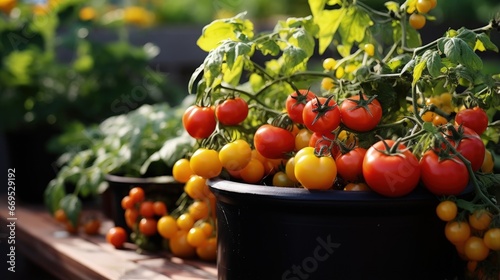 Container vegetables gardening. Vegetable garden on a terrace. Red  orange  yellow  black tomatoes growing in container .