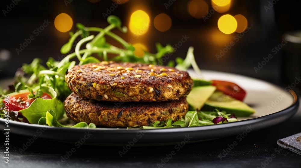 Vegan vegetable burgers with salad in a white plate, copy space. Vegan vegetable burgers with salad in a white plate, copy space.