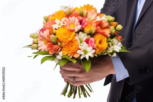 Man on suit  with beautiful bouquet of freesia flowers on color background. Close up hands holding present 