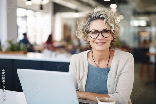 Portrait of happy and successful female programmer inside office at workplace, worker smiling and looking at camera with laptop blonde businesswoman is satisfied with results of achievements at work