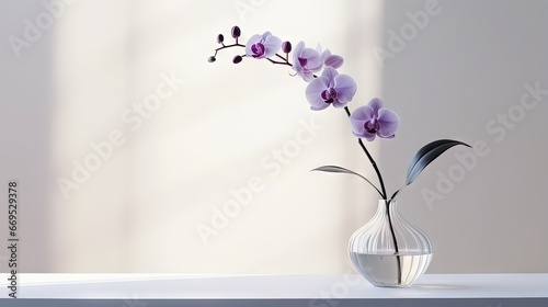 Sprig of purple orchid in transparent vase on white background with bright lighting  copy space  horizontal photo. Flower silhouette and blurred shadow mesh on wall. Orchidaceae  minimalist aesthetic.