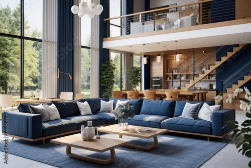 Zoom background: a modern high penthouse living room with large windows. A combination of blue and wood in the interior, a penthouse with a staircase, a second floor and a design solution space 