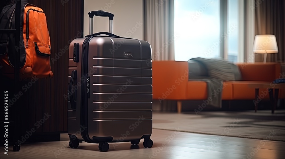 Naklejka premium Black Luggage in modern hotel room after door opening. Baggage for Time to travel, service, journey, trip, summer holiday and vacation concepts