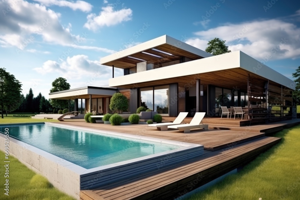 3d rendering of stone house standing on the wooden floor  with terrace and swimming pool during day