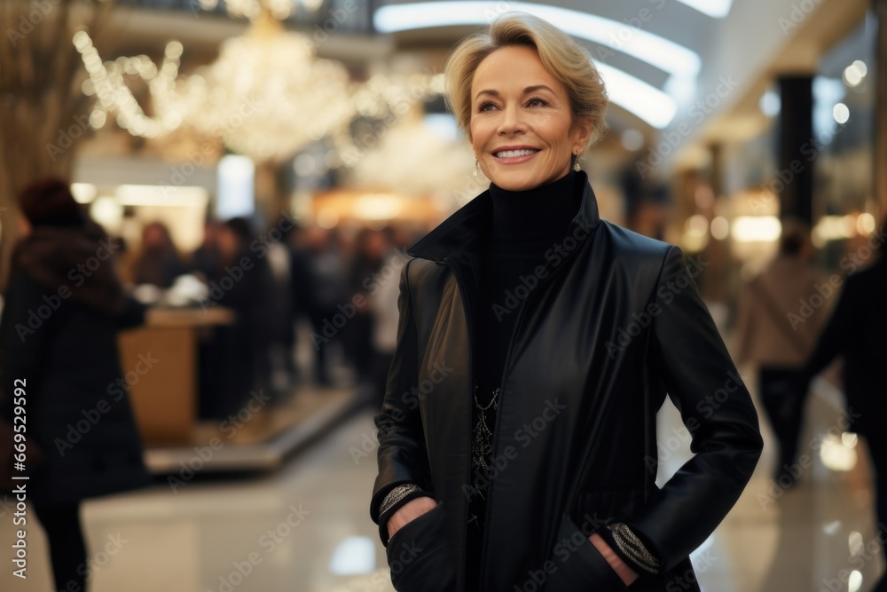 A joyful woman in an elegant coat shops at a mall sale.