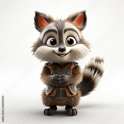 3D cartoon style illustration of a raccoon character wearing a shirt and a happy face. Isolated on white background.