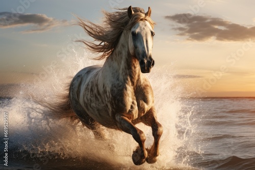 Beautiful horse galloping on the beach at sunset © Hope