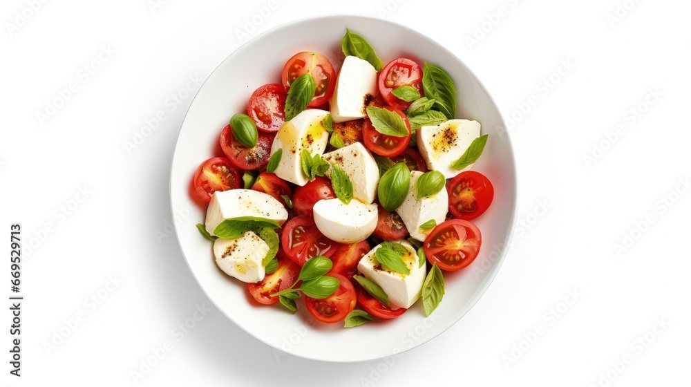 Italian food. Delicious salad with cheese mozzarella and fresh tomatoes isolated on white background. Top view, flat lay Italian food. Delicious salad with cheese mozzarella and fresh tomatoes isolated on white background. Top view, flat lay