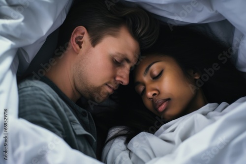 Directly above view of romantic couple rubbing noses while lying on bed at home