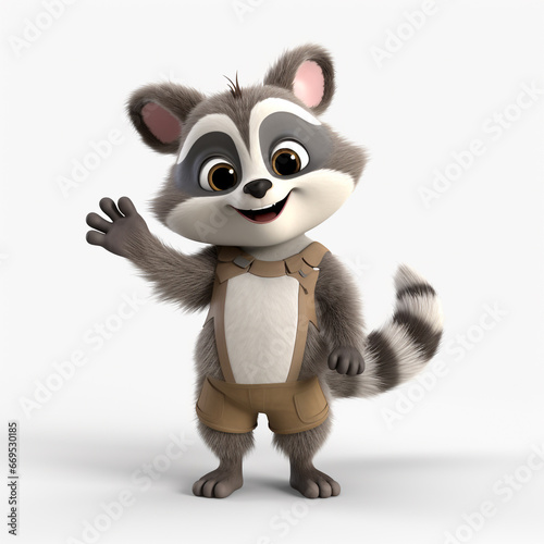 3D cartoon style illustration of a raccoon character wearing a shirt and a happy face. Isolated on white background.