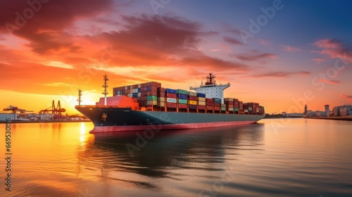 Container ship on ocean, Business logistic import - export transport front view in sunset
