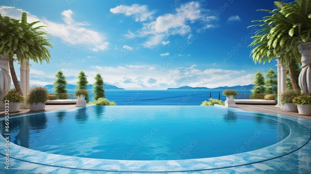 Luxury swimming pool and blue water at the resort with beautiful sea view.