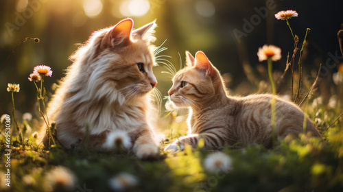 An adult cat and a small kitten lie on a green meadow