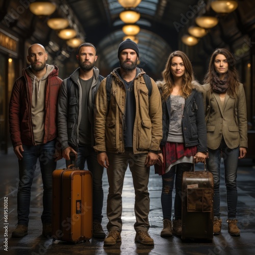 a diverse group of travelers, each holding their suitcase