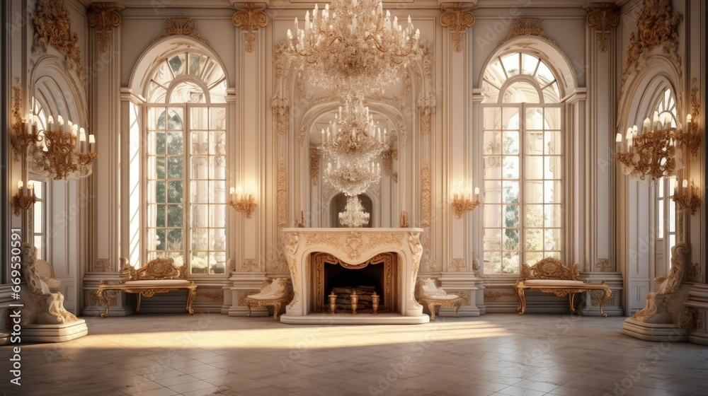 Fototapeta premium Luxurious vintage interior with fireplace in the aristocratic style. Large Windows and mirrors. Columns and arches, ornament on the glossy floor
