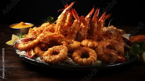 deep fried seafood (shrimps and squid) with mix vegetable - unhealthy food style