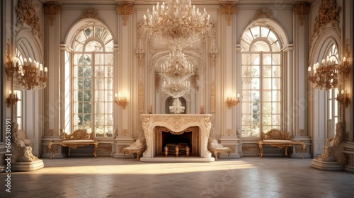 Luxurious vintage interior with fireplace in the aristocratic style. Large Windows and mirrors. Columns and arches, ornament on the glossy floor © HN Works