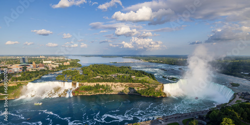 Very high and wide angle view of the Niagara river, American and Horseshoe falls, Niagara Falls, Canada