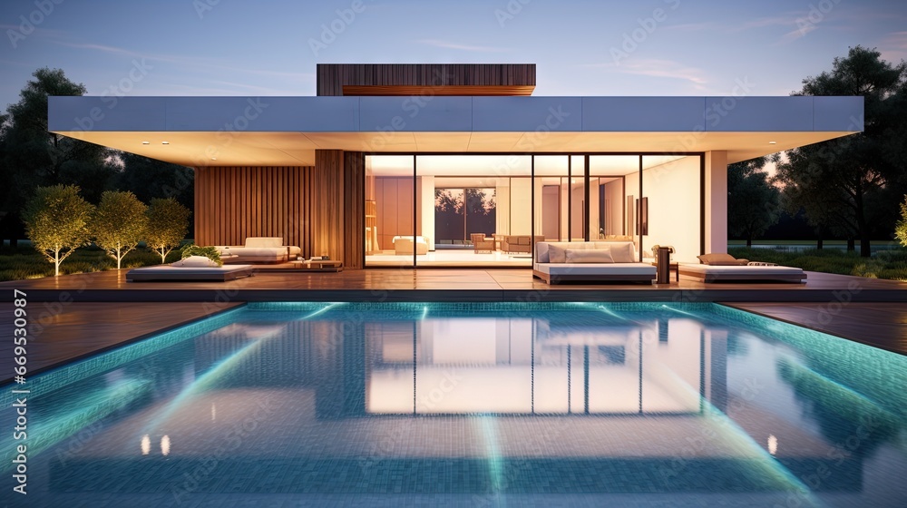 Architecture 3d rendering illustration of minimal modern house with a swimming pool Architecture 3d rendering illustration of minimal modern house with a swimming pool