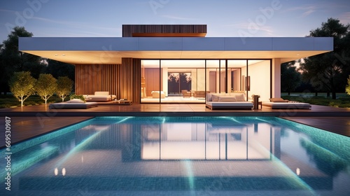 Architecture 3d rendering illustration of minimal modern house with a swimming pool
