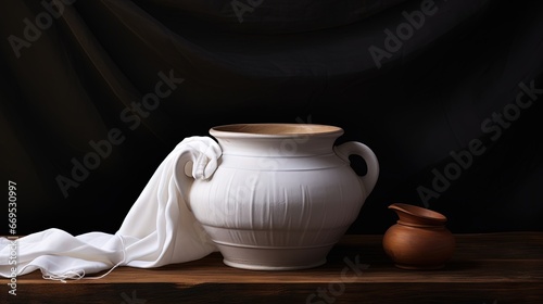 Clay pot of water with white linen cloth on a dark wood background with copy space photo