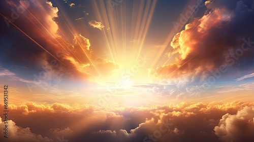 Divine glow through the clouds of the evening warm sun. Concept of peace and happiness.