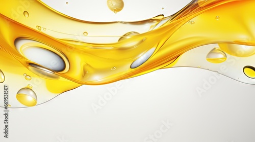 Oil wave background, yellow liquid, and bubbles on white background.