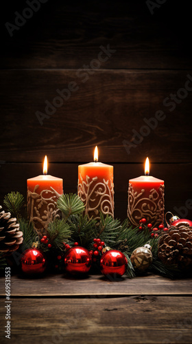 Quintessential Third Advent Setting Three Alight Candles Amid Red Baubles and Gingerbread on Time-Worn Wooden Panels