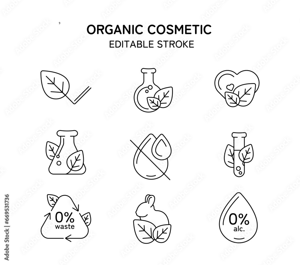 Organic cosmetic icons set.  Editable stroke. Eco friendly cruelty free line badges for beauty products and vegan food. No animal tested, natural icons vector set.  - obrazy, fototapety, plakaty 