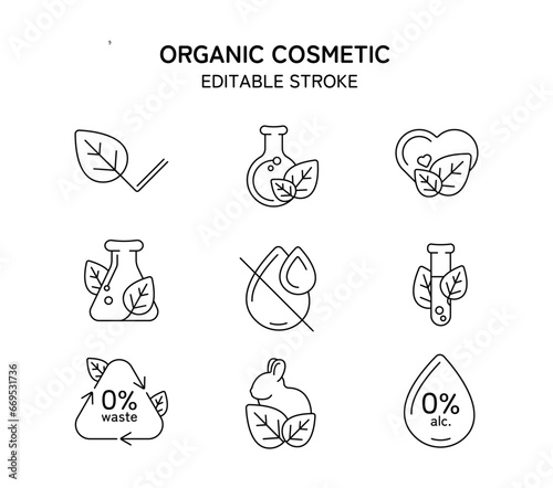Organic cosmetic icons set.  Editable stroke. Eco friendly cruelty free line badges for beauty products and vegan food. No animal tested, natural icons vector set.  (ID: 669531736)