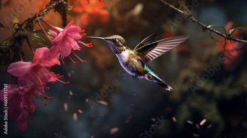 Hummingbird with pink flower. Brown Inca, Coeligena wilsoni, flying next to beautiful pink bloom, Colombia. Bird in the blooming garden. Wildlife scene from nature. Animal in the tropic forest. photo