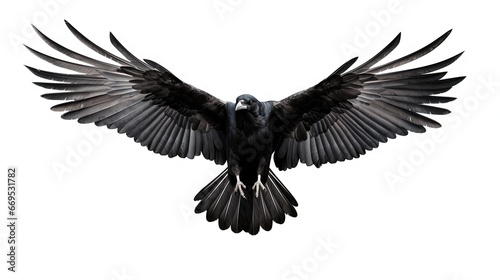 Birds flying ravens isolated on white background Corvus corax. Halloween - flying bird. silhouette of a large black bird cut on a white background for graphic design applications