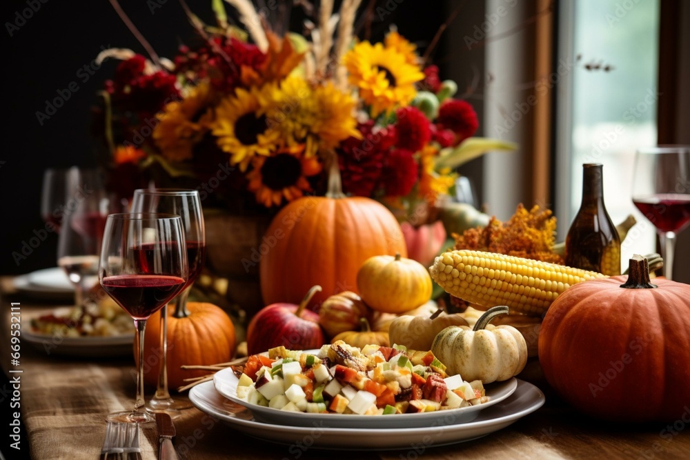 A fall-themed dinner table adorned with pumpkins, apples, pears, and corn, set against a backdrop of colorful autumn leaves. Generative AI