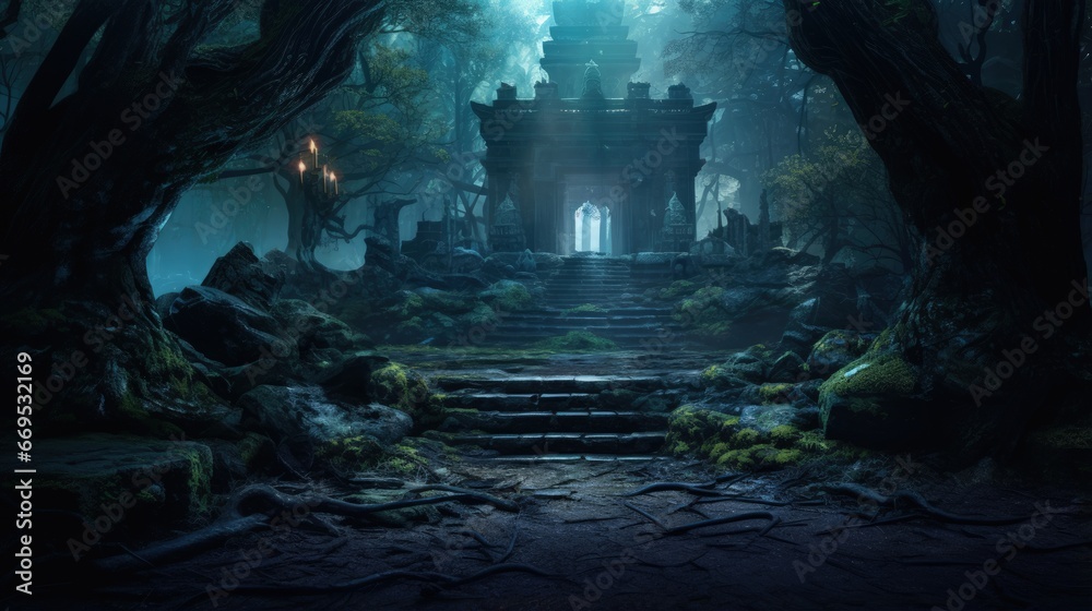 Fantasy stone temple in the forest at night Fantasy stone temple in the forest at night
