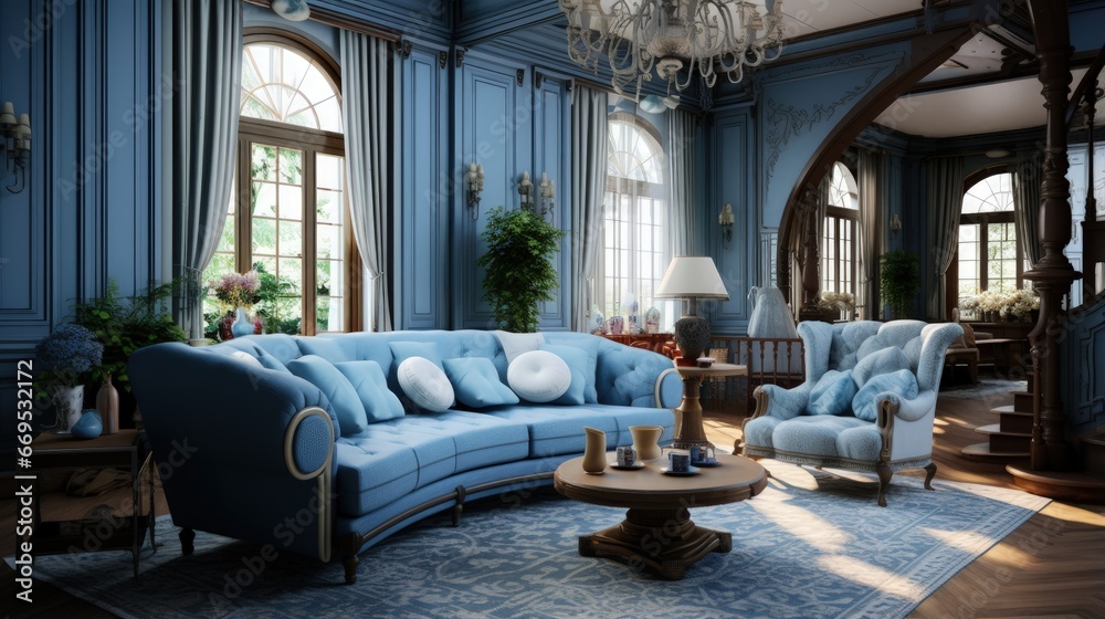 Spacious blue living room designed in old style Spacious blue living room designed in old style