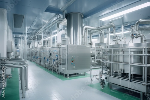 Pharmaceutical factory interior with machinery.