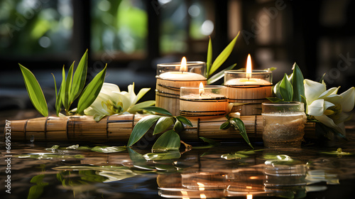 Aromatic candles over water with flowers and bamboo. Spa and relaxation concept.