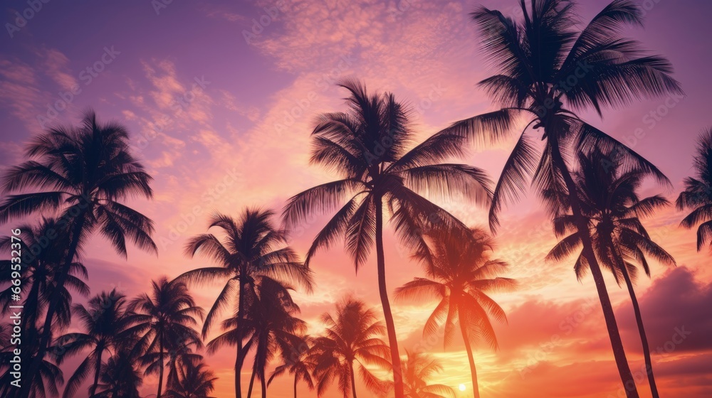 Silhouette Tropical Palm Trees At Sunset - Summer Vacation With Vintage Tone And Bokeh Lights - obrazy, fototapety, plakaty 