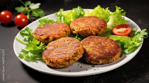 Vegan vegetable burgers with salad in a white plate, copy space.