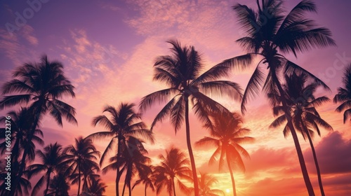Silhouette Tropical Palm Trees At Sunset - Summer Vacation With Vintage Tone And Bokeh Lights