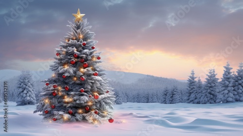 Beautiful decorated snowed in christmas tree in a cold winterlandscape © HN Works