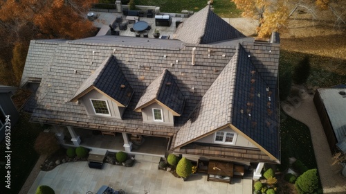 Aerial view of roof work done on a home.