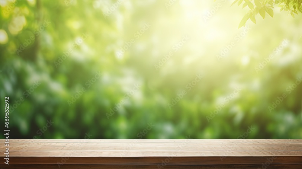 Empty of wood table top on blur of curtain window and abstract green from garden with sunlight .For montage product display or design key visual layout