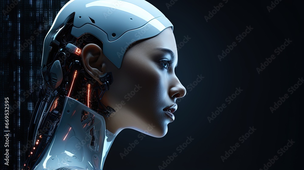 3D rendering head portrait of a robot woman in profile side view. Dark background. Artificial intelligence concept. 3D rendering head portrait of a robot woman in profile side view. Dark background. Artificial intelligence concept.