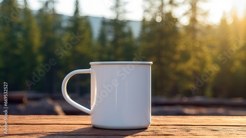 Blank enamel coffee mug, white camping cup mockup in wild nature. photo
