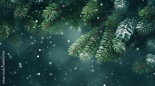 close up snow-covered fir green branches and snowfall flakes, Christmas banner background © Terablete